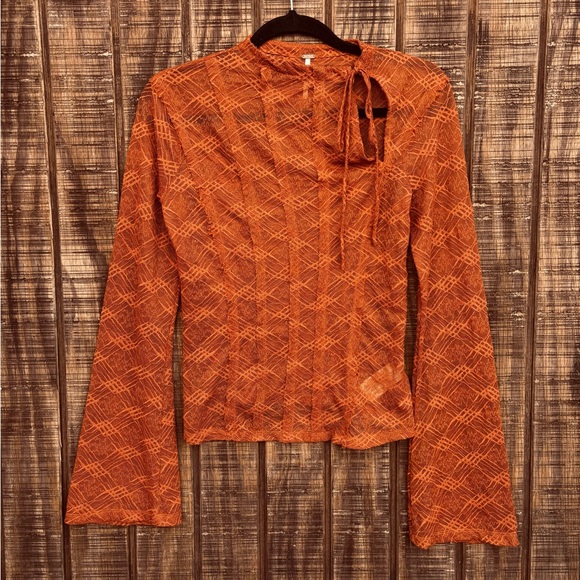 Free People Tops - Free People Burnt Orange Mesh Bell Long Sleeve Blouse